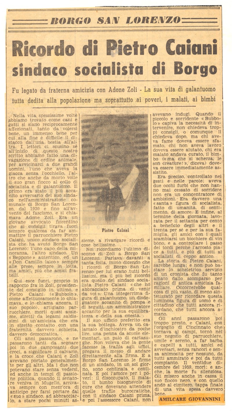 Articolo di Amilcare Giovannini in ricordo di Pietro Caiani su la Nazione del 1963.