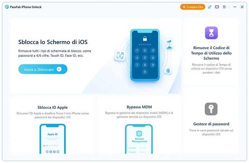 avvia PassFab iPhone Unlock e clicca inizia a sbloccare