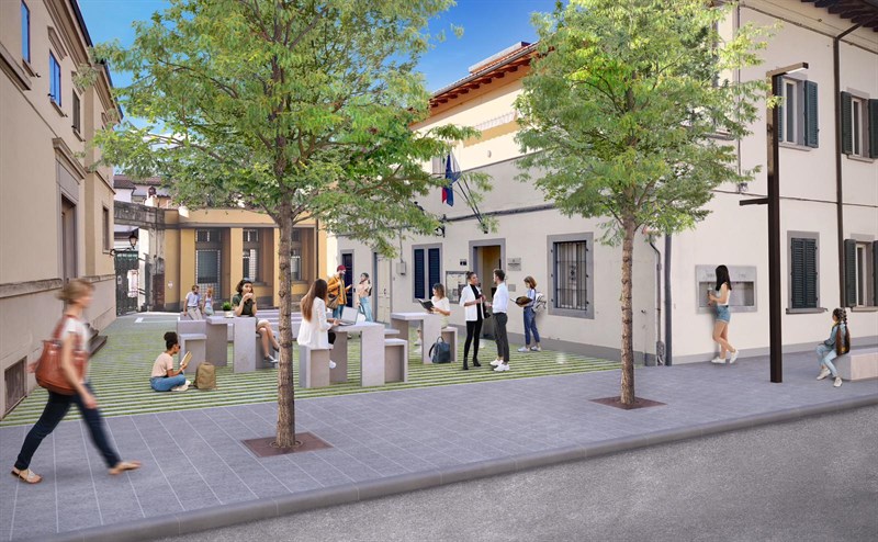 Render dell'ipotesi di progetto di riqualificazione di Piazza Umberto I a Rufina e del centro storico