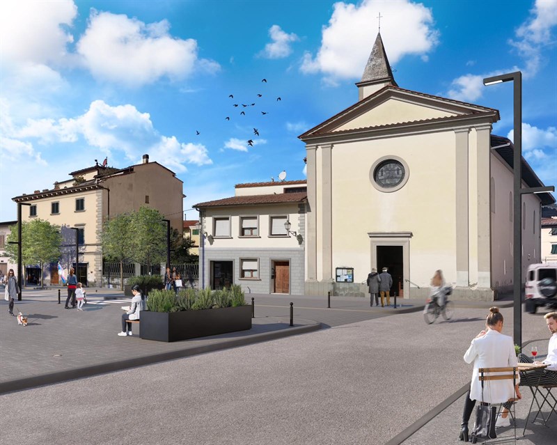 Render dell'ipotesi di progetto di riqualificazione di Piazza Umberto I a Rufina e del centro storico