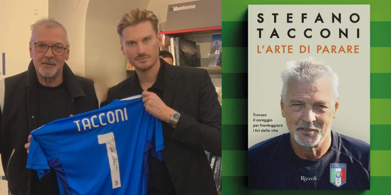 Stefano Tacconi con il figlio e copertina del libro