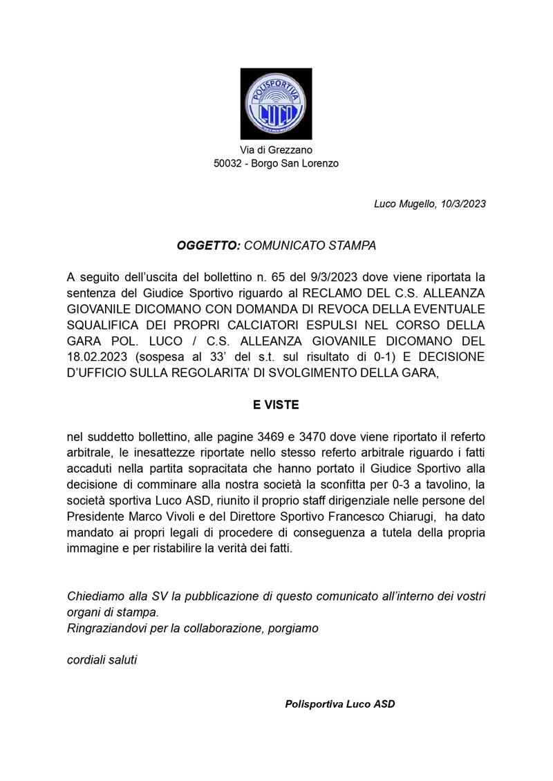 Comunicato stampa del Luco