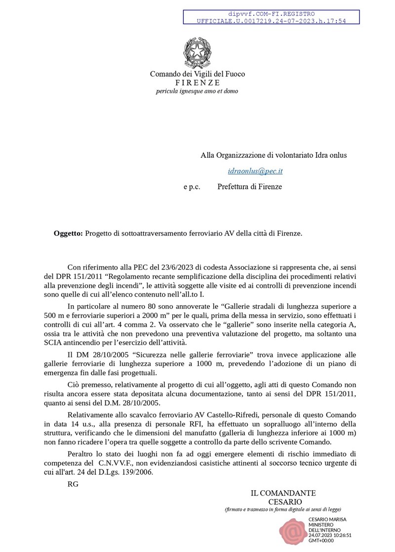 lettera Vigili del Fuoco