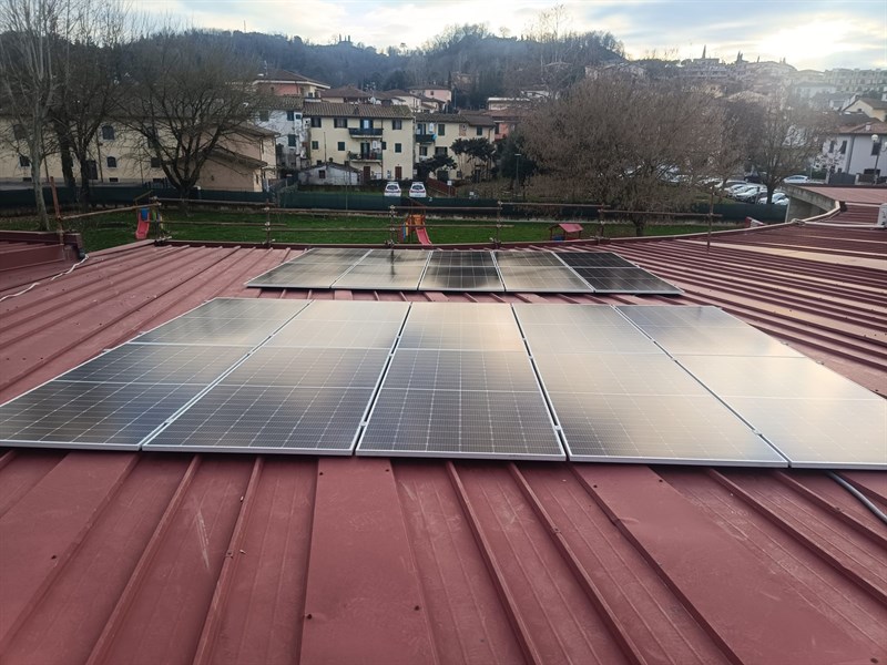 Foto dell'impianto fotovoltaico e  della scuola di Via Piave a Figline 