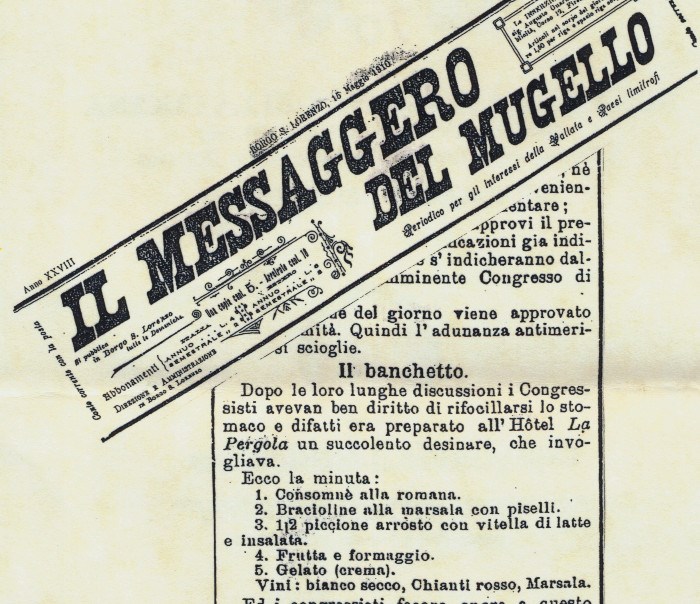 Il menu ( minuta) servito nel 1910 ad un banchetto al Restaurant La Pergola