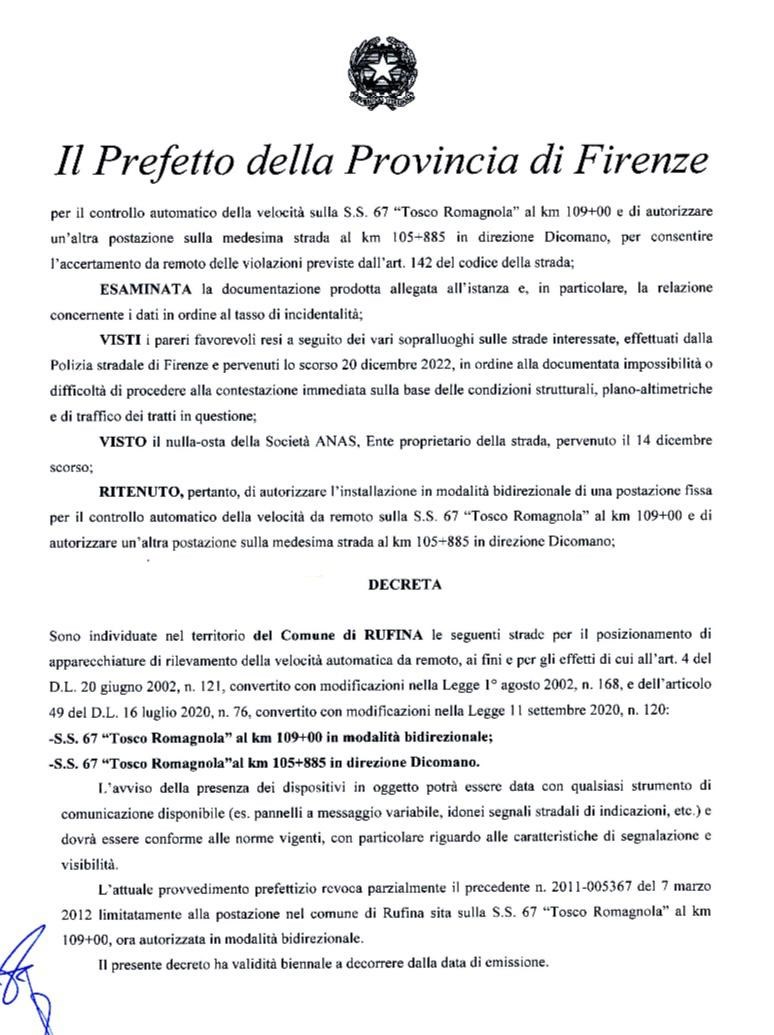 Decreto prefettizio 3 maggio 2023 autovelox Scopeti