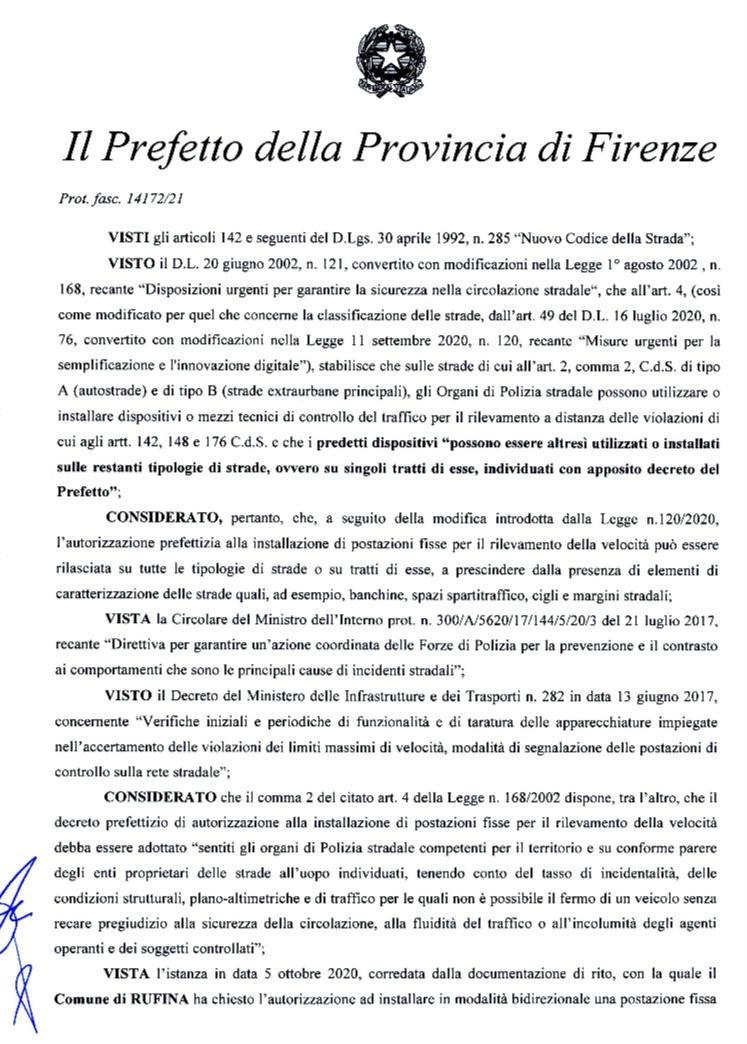 Decreto prefettizio 3 maggio 2023 autovelox Scopeti