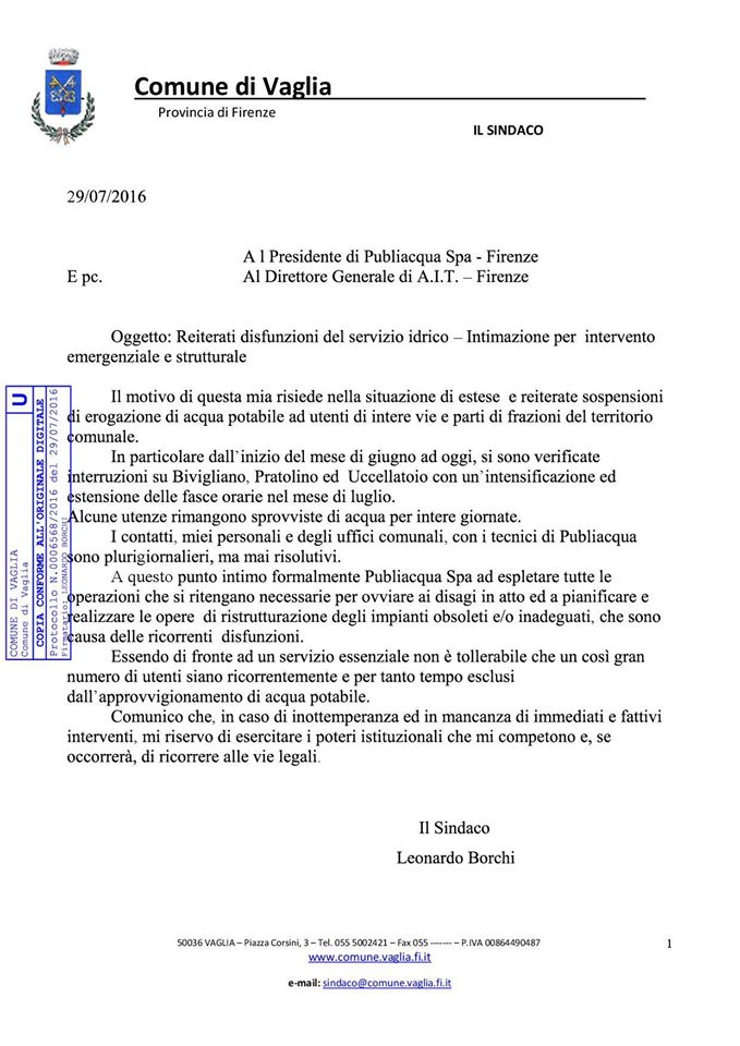 Perdite? Borchi diffida Publiacqua: ricorso alle 'vie legali'