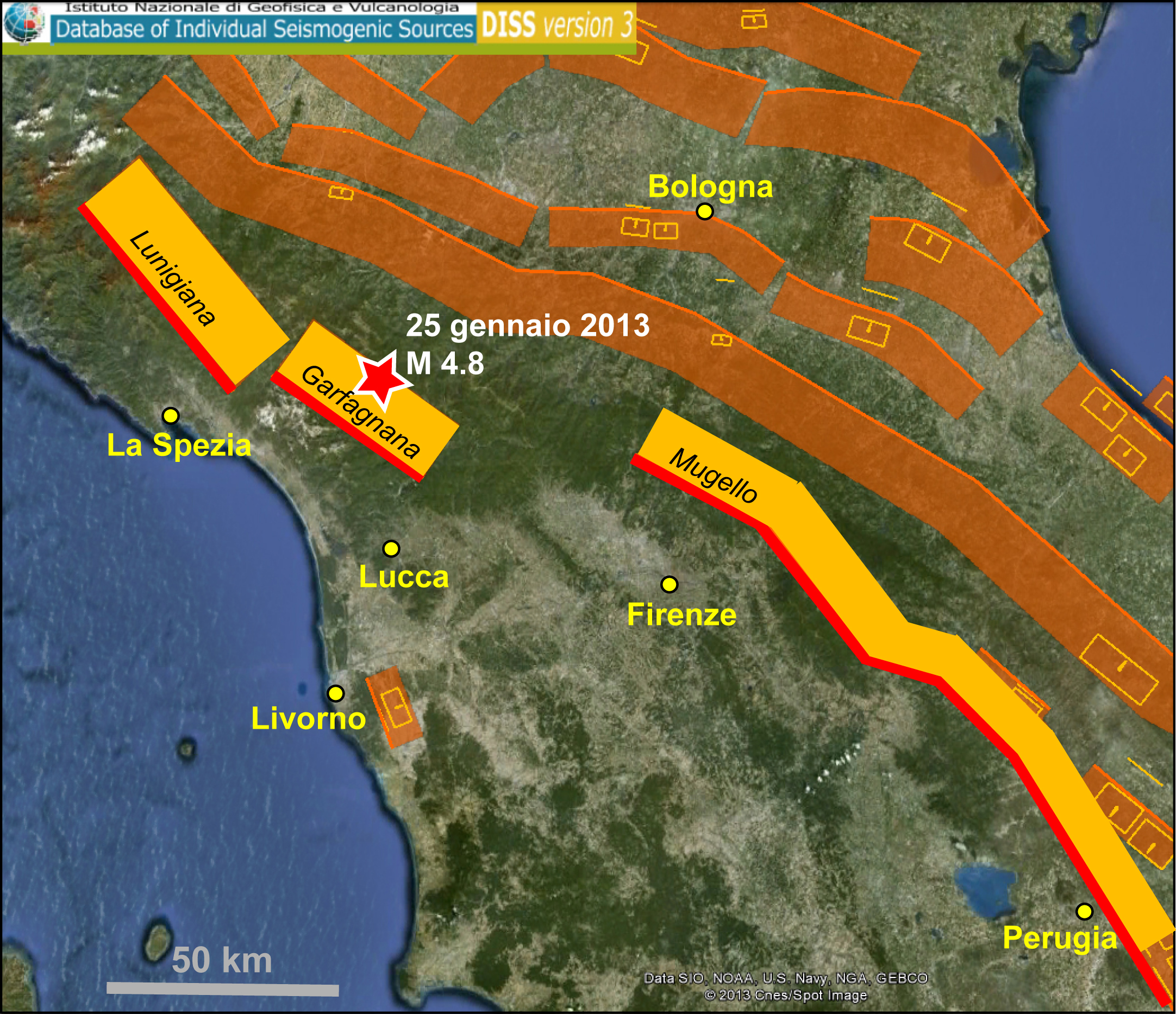 Sistema sismico in Toscana. Le faglie della regione