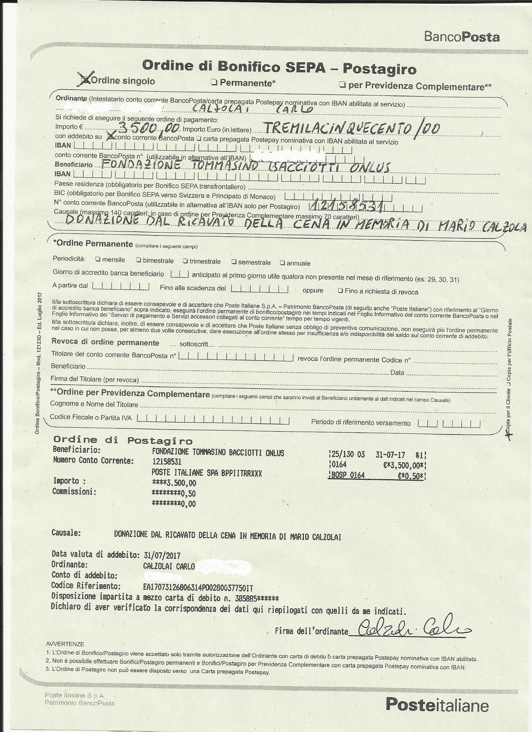 Il ricavato del Memorial “Marione” alla fondazione Bacciotti