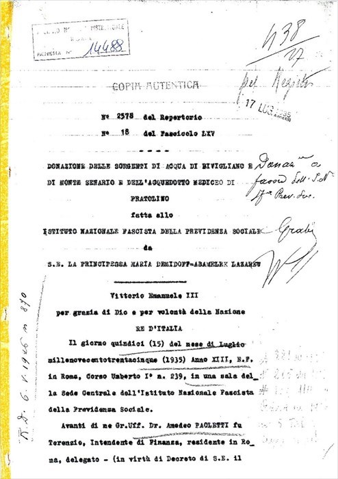 Principessa Maria Demidoff, Atto di donazione di sorgenti e condotti al costruendo Banti, 15 luglio 1935