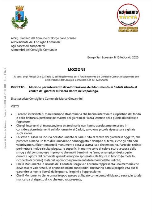 Il testo della mozione