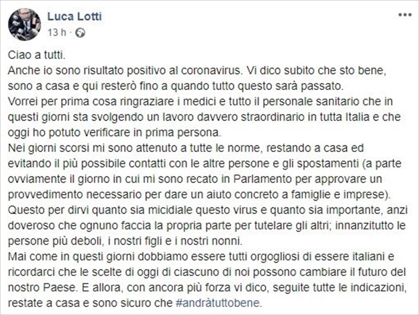 Il post di Luca Lotti su Facebook