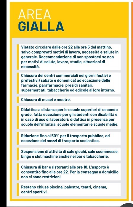 Le misure del DPCM divise per aree di rischio: l'area gialla