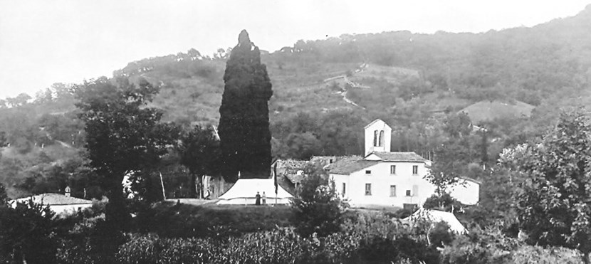 Immagine panoramica inedita di Campestri  dopo pochi giorni del terremoto del 1919. Una tenda della Croce Rossa Italiana innalzata accanto al secolare Cipresso.